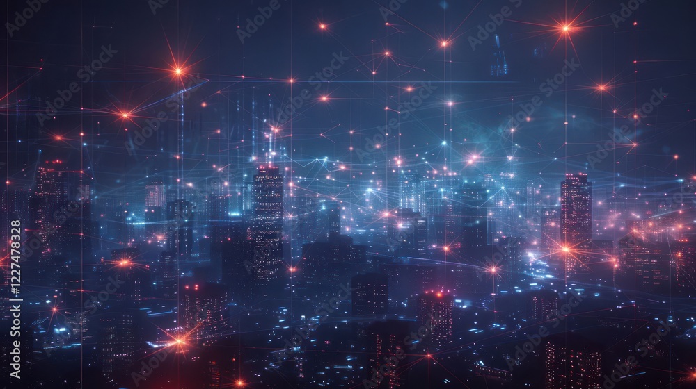 Fototapeta premium Futuristic city skyline illuminated by vibrant lights with a digital overlay at night