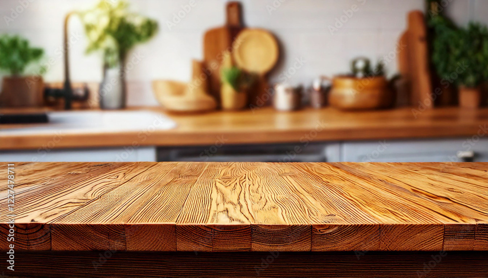 Empty wooden tabletop with blurred kitchen background sunshine, ideal for product placement
Empty wooden tabletop with blurred kitchen background sunshine, ideal for product placement
