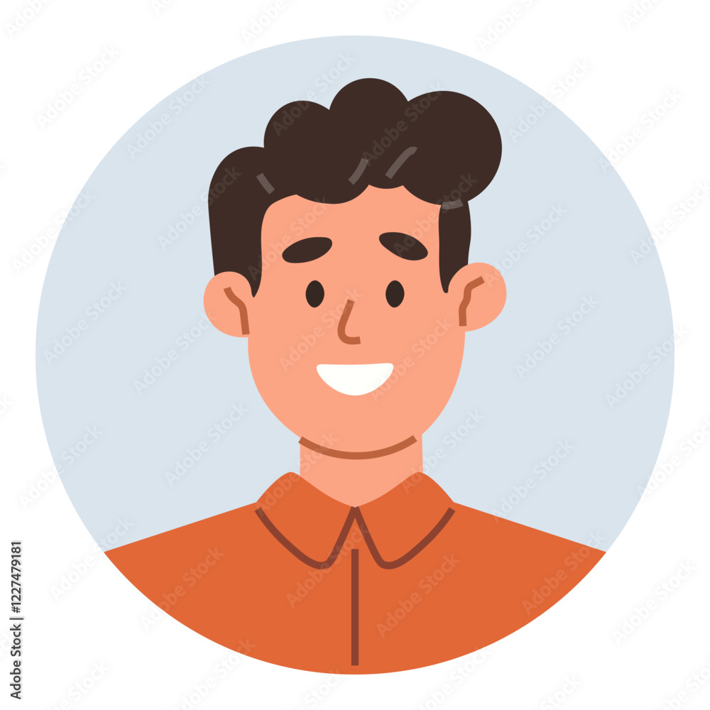 Cheerful young man with short brown hair and a bright smile, wearing an orange shirt. Ideal for profile photo, avatar, social media, communication, diversity, identity, apps flat color icon Cheerful young man with short brown hair and a bright smile, wearing an orange shirt. Ideal for profile photo, avatar, social media, communication, diversity, identity, apps flat color icon