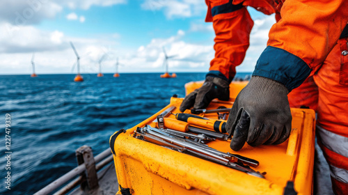 Wallpaper Mural technician organizes tools in bright orange toolkit by ocean, with wind turbines in background Torontodigital.ca