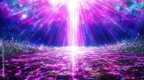 Magical light beam meadow, cosmic background, fantasy landscape, spiritual artwork