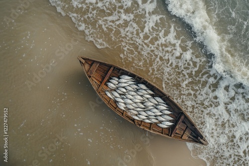 a wooden boat filled with freshly caught fish on a sandy shore. photo