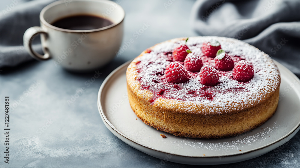 Freshly baked homemade raspberry cake and cup of coffee on wooden table. Copyspace Freshly baked homemade raspberry cake and cup of coffee on wooden table. Copyspace
