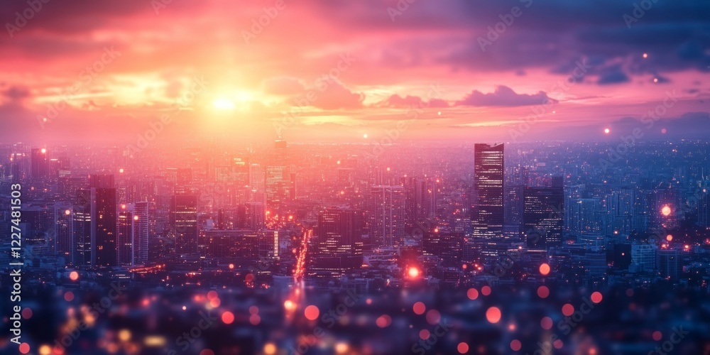 Obraz premium Panoramic view of a vibrant cityscape during a sunset