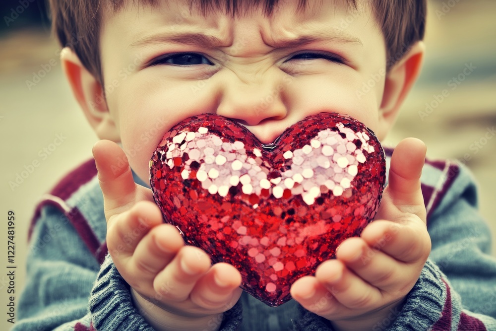 Commercial ad graphic creative design. Sign of love. Сhildren valentine's day greeting card: child boy with miserable face holds red heart in hands. Valentine's hugs with kids. Commercial ad graphic creative design. Sign of love. Сhildren valentine's day greeting card: child boy with miserable face holds red heart in hands. Valentine's hugs with kids.