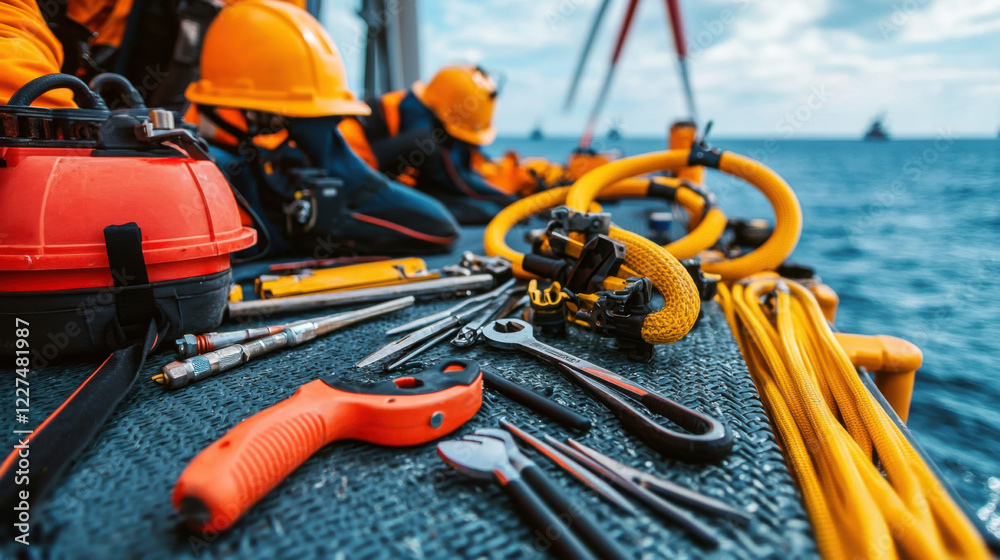 Fototapeta premium focused shot of technicians tools on boat deck, showcasing various equipment and safety gear