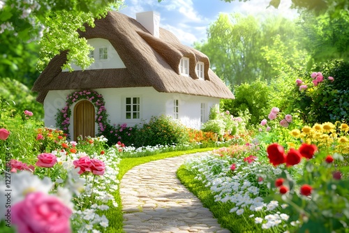 A thatched cottage surrounded by colorful flowers, with the path leading to it lined with blooming roses and daisies