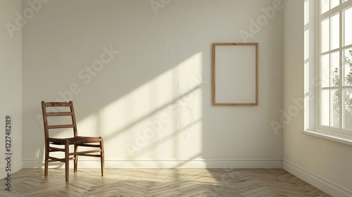 A minimalist interior featuring a wooden chair beside a sunlit window with a blank frame