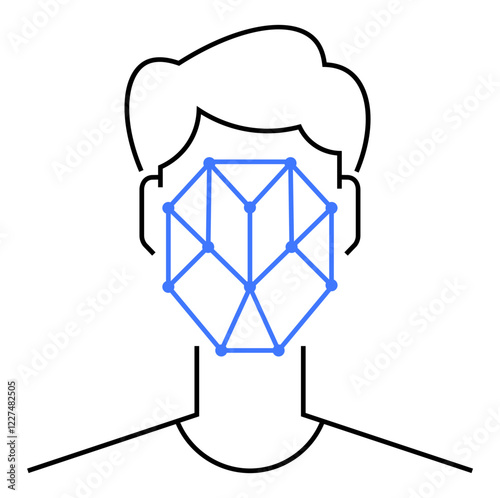 Human face outline with geometric mesh lines highlighting facial recognition technology. Ideal for identity verification, security systems, biometric analysis, technology applications, AI research