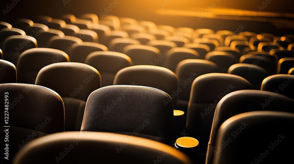 Fototapeta premium Empty cinema seats awaiting moviegoers in dim lighting.