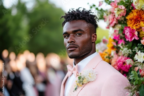 A stylish man in a pink suit stands confidently amidst a vibrant floral backdrop, showcasing elegance and charm in a colorful and dynamic outdoor environment. photo