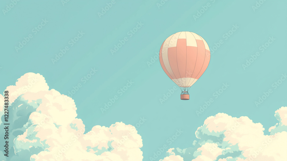 Naklejka premium A serene hot air balloon floats gracefully in a clear blue sky, surrounded by fluffy white clouds