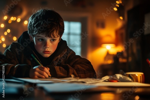 A child distracted by a TV show playing in the background, ignoring their homework scattered on the table