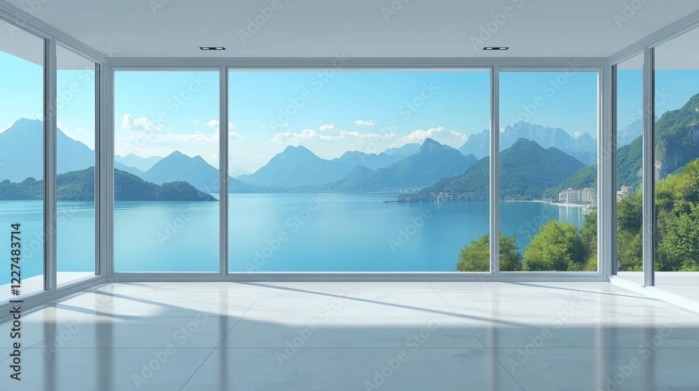 Fototapeta premium Spacious modern room with large windows overlooking serene blue sea and mountains, bright white floor to ceiling design in tranquil environment