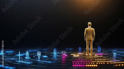 Leadership development grows through training and responsibility. Businessman Standing Before Futuristic Digital Interface