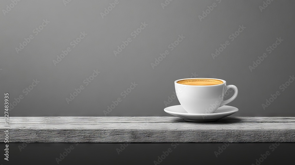 Obraz premium Minimalist Coffee Cup on Rustic Shelf against a Gray Backdrop offering a serene and simple scene for backgrounds