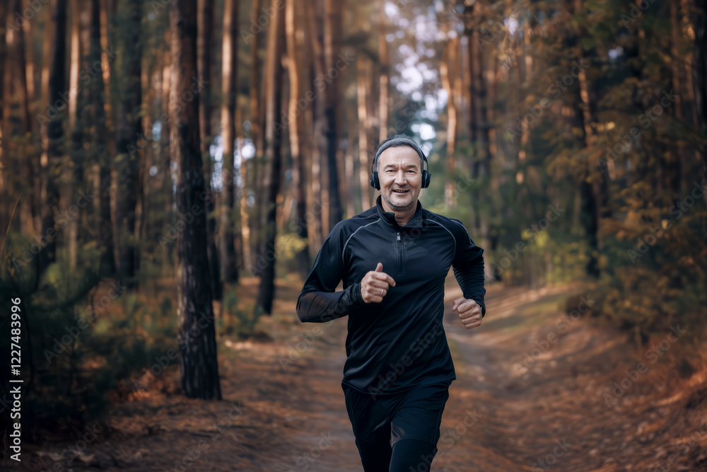 Smiling man jogging through a forest trail, wearing black athletic gear and headphones, surrounded by tall trees and soft natural light Smiling man jogging through a forest trail, wearing black athletic gear and headphones, surrounded by tall trees and soft natural light
