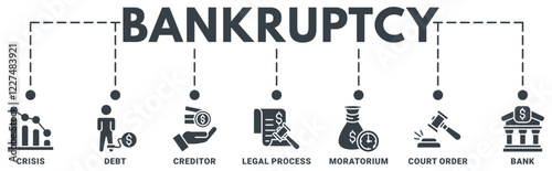 Bankruptcy banner web icon vector illustration concept with icon of crisis, debt, creditor, legal process, moratorium, court order, and bank 