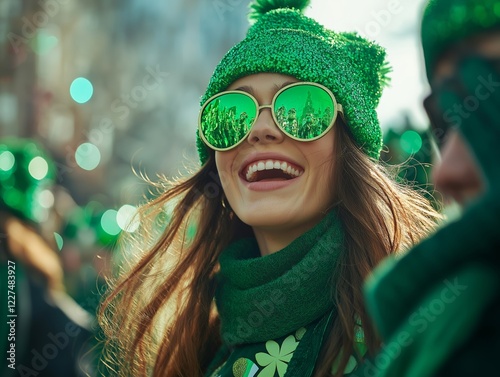 Crowd cheering at a St Patricks Day parade, waving Irish flags and wearing themed outfits photo