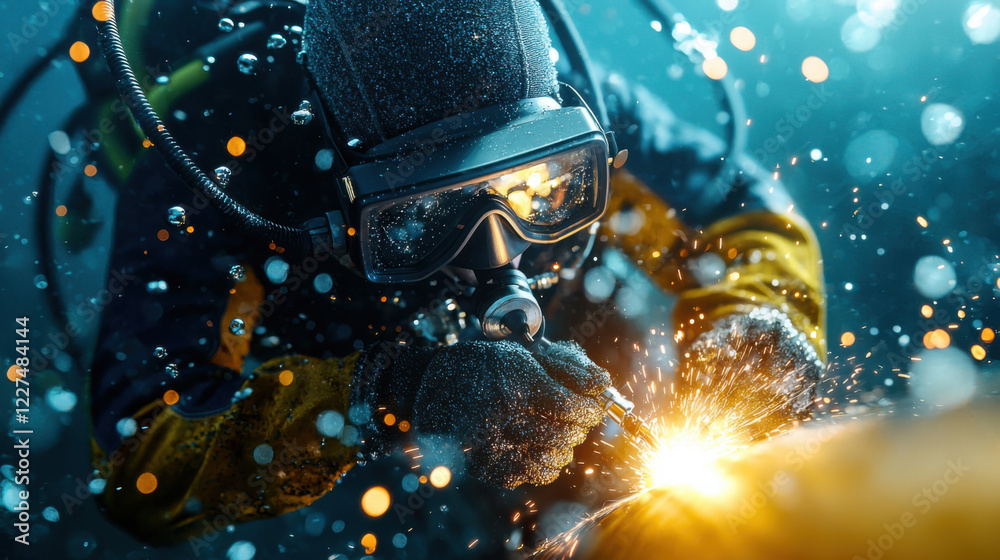 Diver performing underwater welding with sparks and bubbles in blue water