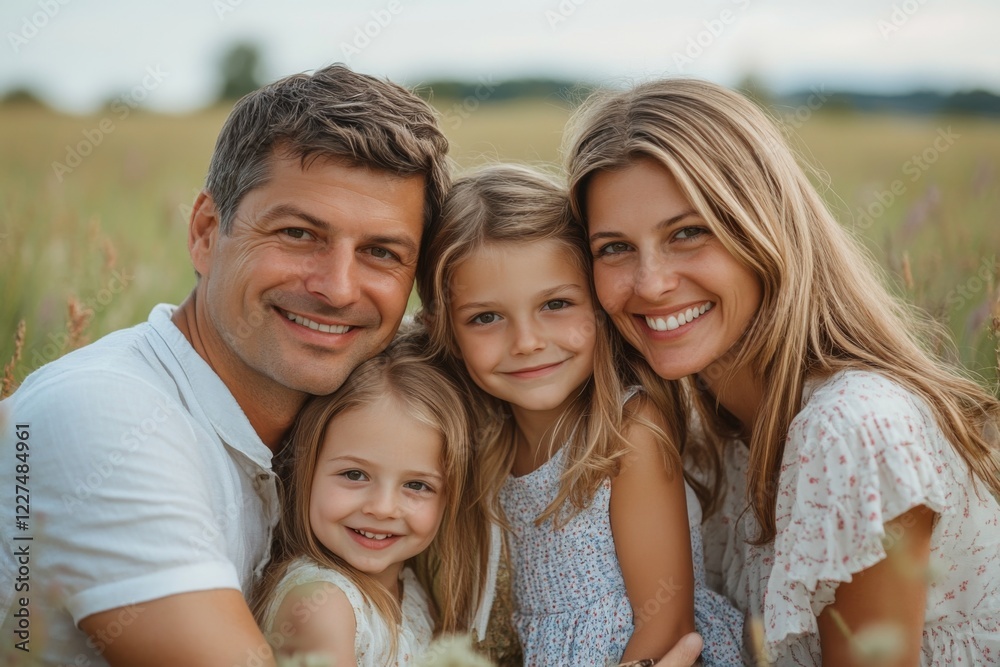 Happy family of four posing outdoors in a sunny park with smiles Happy family of four posing outdoors in a sunny park with smiles