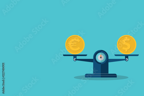 Exchanging currency and comparison concept, dollar and euro on weight scales.	