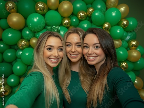 Friends taking a selfie in front of a decorated St Patricks Day backdrop with green and gold balloons