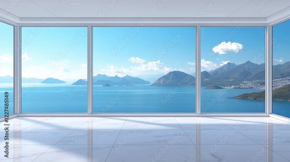 Bright Modern Room with Large Windows Overlooking Calm Sea and Majestic Mountains Under a Clear Blue Sky Bright Modern Room with Large Windows Overlooking Calm Sea and Majestic Mountains Under a Clear Blue Sky