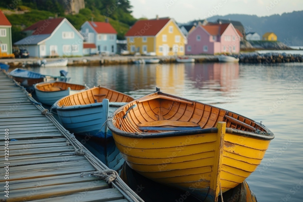 Row of colorful wooden boats docked on a calm harbor under sunny sky Row of colorful wooden boats docked on a calm harbor under sunny sky