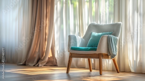 Cozy armchair with cushions in a sunlit room, surrounded by flowing curtains and warm ambiance