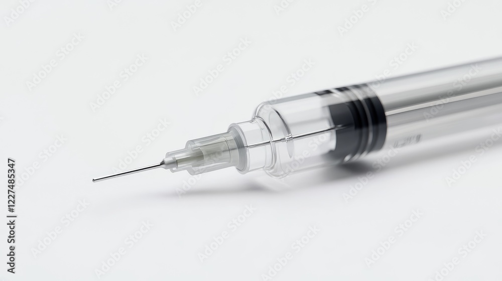 A detailed close-up of a transparent medical syringe, placed against a clean white background, capturing its essential function in healthcare and medical procedures