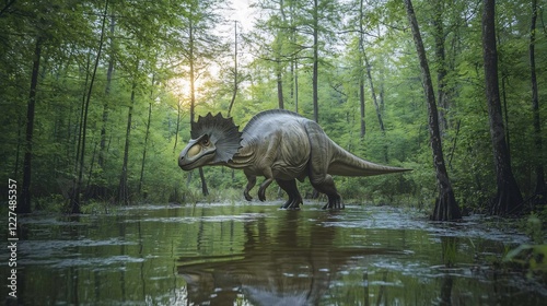 Hadrosaurus Wading Through Forested Wetland at Sunrise photo