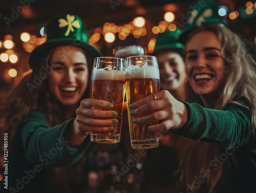 Group of female friends wearing green and toasting with beer at a St Patricks Day pub celebration
