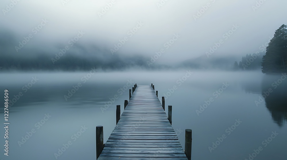 Fototapeta premium Cinematic foggy morning on serene lake pier tranquil landscape nature photography dreamlike atmosphere