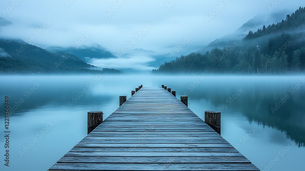 Fototapeta premium Cinematic serenity at misty lake dock tranquil landscape photography peaceful waters aerial view nature's beauty