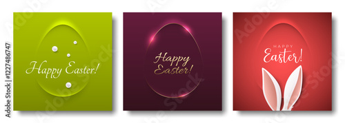 Minimalism paper cut egg shape frame Easter greeting card abstract square social network post template set. Bunny ears, white Happy Easter lettering. Green, purple, pink background, gold elegant line