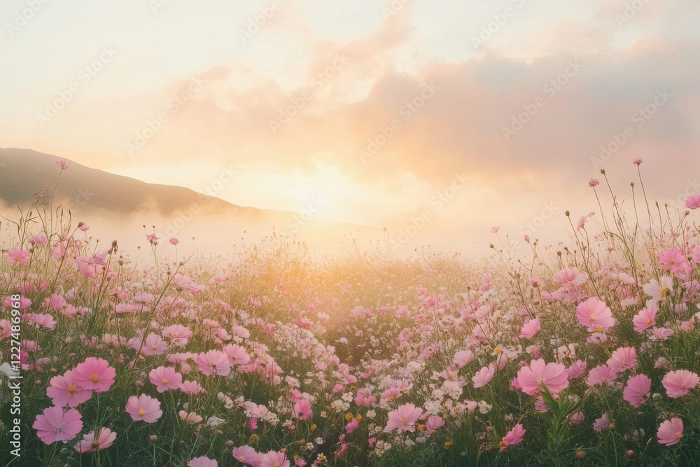 Obraz premium Spring meadow at sunrise with pink flowers and mist
