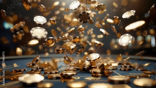Coins cascading on a casino table during an exciting gaming session at night