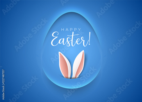 Minimalism paper cut egg shape frame Happy Easter greeting card abstract banner. Bunny ears, blue background, Happy Easter white lettering. Neumorphic shadow volume creative blue design