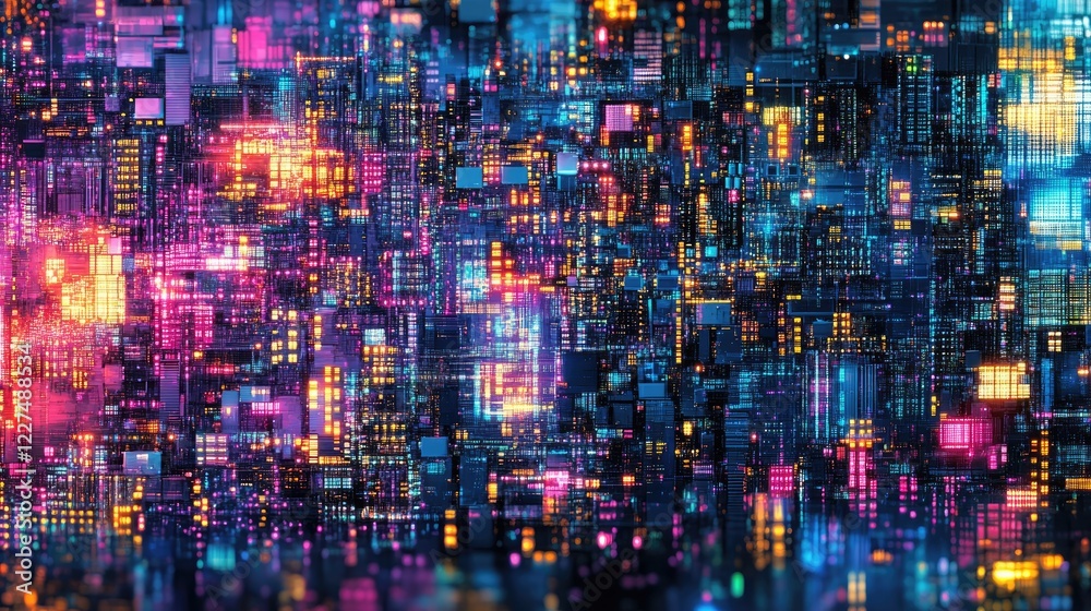 A detailed view of computer monitor pixels arranged in RGB hues, creating a mesmerizing glowing digital pattern, showcasing cutting-edge display technology A detailed view of computer monitor pixels arranged in RGB hues, creating a mesmerizing glowing digital pattern, showcasing cutting-edge display technology