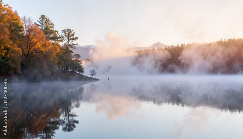 Fototapeta premium Misty lake at sunrise with trees and reflections, International World Water Resources Day Theme