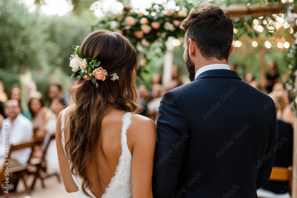 A beautiful couple celebrates their love during a serene outdoor wedding ceremony, surrounded by lush greenery and floral decor, making it a perfect romantic setting.