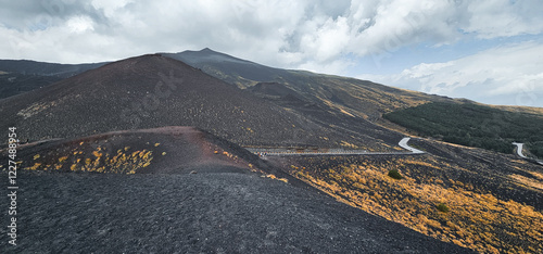 volcanic landscapes of etna with petrified lava flows and desert sand in the summer of 2024