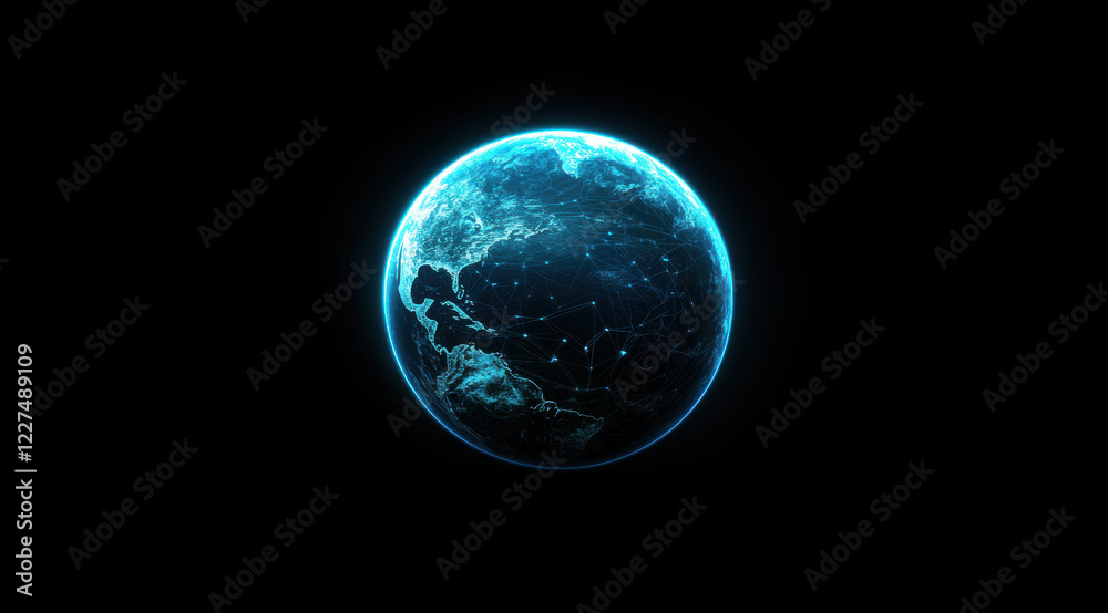 glowing digital globe representing global connectivity and technology. Earth is depicted with network of lines and nodes, symbolizing communication and data exchange glowing digital globe representing global connectivity and technology. Earth is depicted with network of lines and nodes, symbolizing communication and data exchange