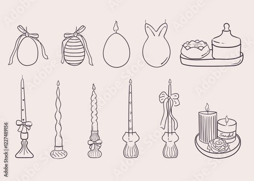 Vector hand drawn candle and candlesticks collecttion with bows and hearts