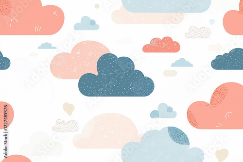 Colorful whimsical clouds pattern on a white background, ideal for children's decor or design