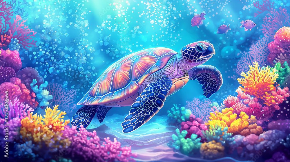 Fototapeta premium Vibrant coral reef with sea turtle swimming gracefully among colorful corals and fish, showcasing beauty of marine life and underwater ecosystems