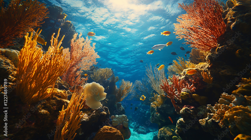 Obraz premium Vibrant coral reef teeming with colorful fish and marine life, showcasing stunning underwater landscape filled with diverse corals and plants