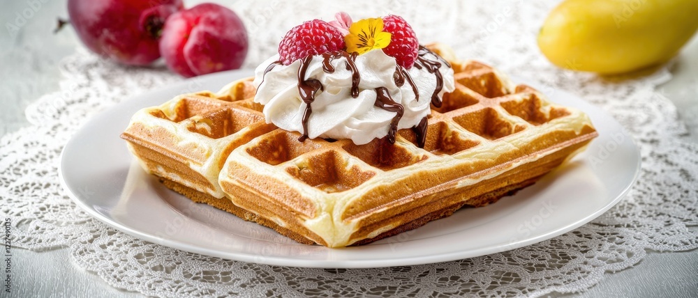 International Waffle Style Concept. Delicious waffles topped with cream and fresh fruit International Waffle Style Concept. Delicious waffles topped with cream and fresh fruit