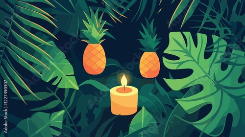 Hungry Ghost Festival Candle and Pineapple Flat Vector photo